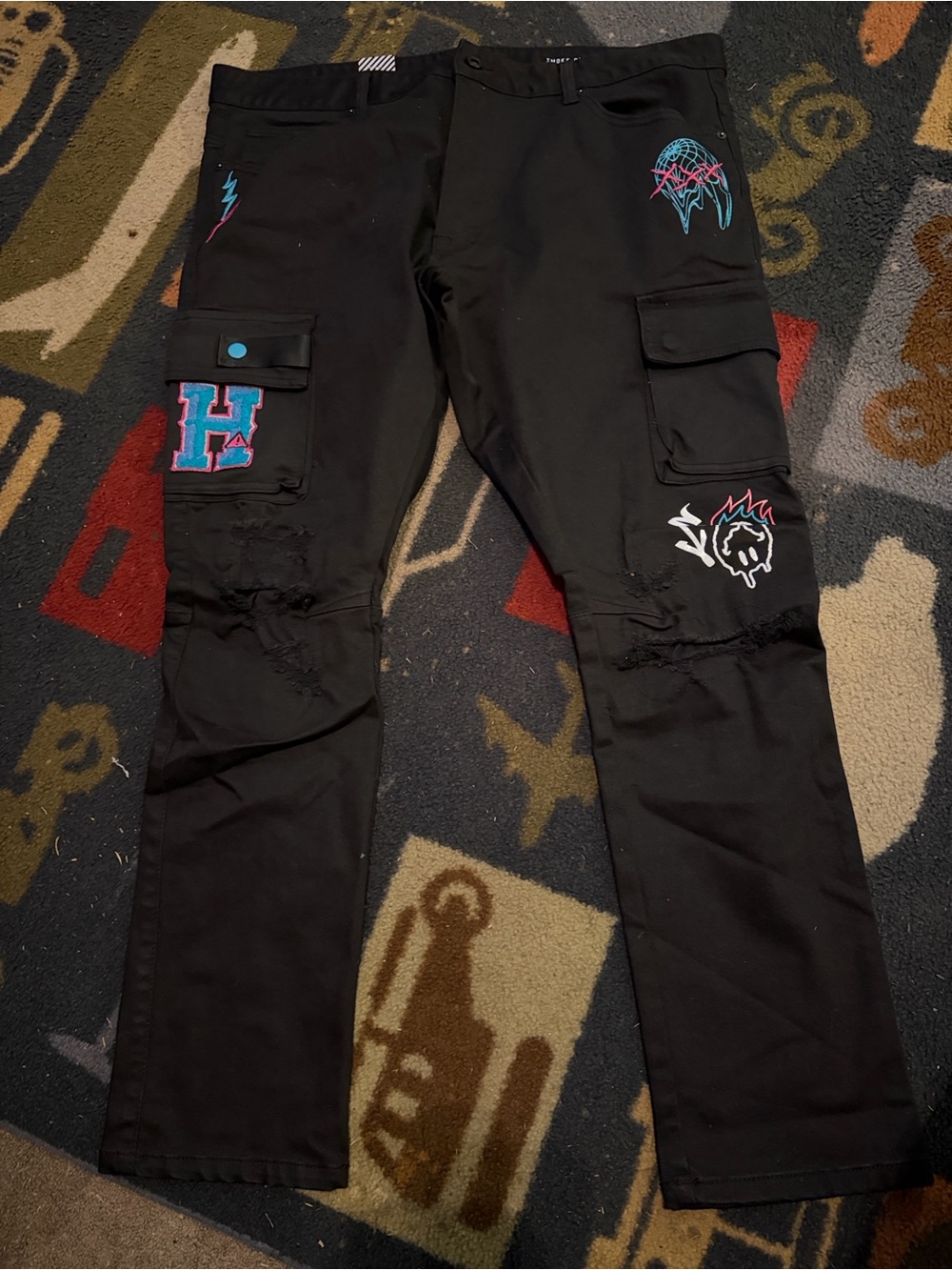 Black Men's Cargo Pants with Graphic Patches